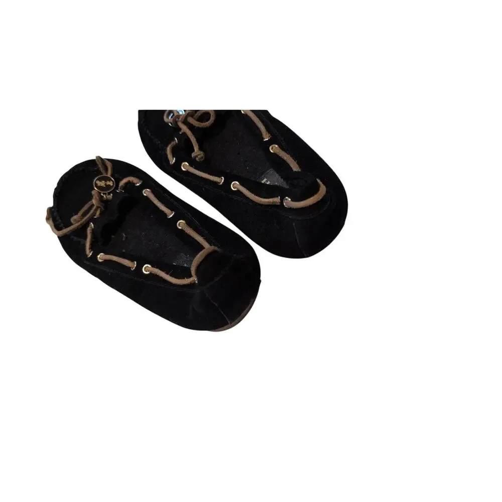 Coach Antonia Black Suede Moccasin Loafers Flat Lace-Up Charm Size 10 EUC